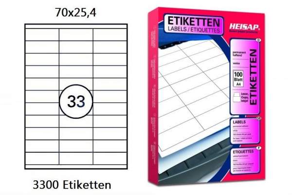 Papier-Etiketten 70x25,4mm DIN A4 Druckeretiketten weiß Label