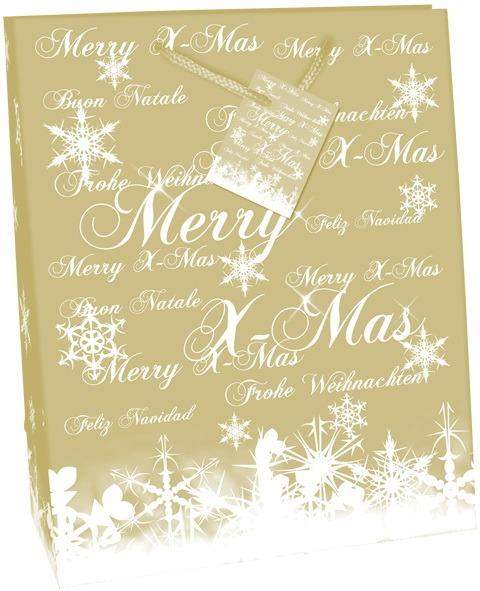 Geschenktaschen Premium 33x26x13cm Frohe Weihnachten mit Kordel u. Geschenkanhänger Gold Hochglanz