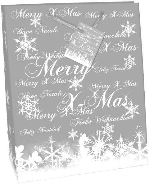 Geschenktaschen Premium 33x26x13cm Frohe Weihnachten mit Kordel u. Geschenkanhänger Silber Hochglanz