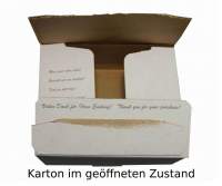 Kartonage "Vielen Dank für Ihren Einkauf" nach Öffnung sichtbar Kartonage "Vielen Dank für Ihren Einkauf" nach Öffnung sichtbar