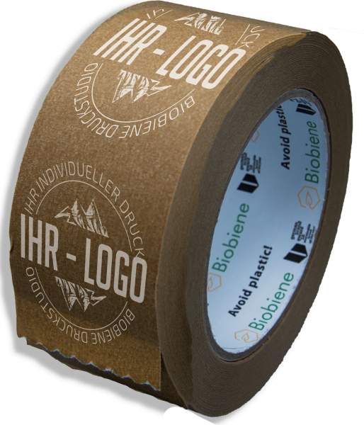 1-farbig bedrucktes Papierklebeband 50mm x 50m Braun mit Logo positiv