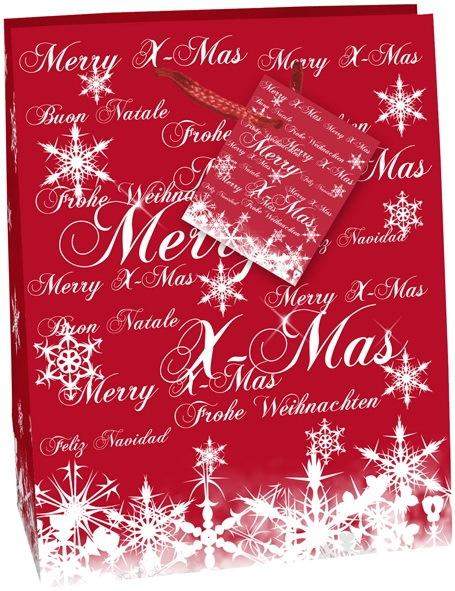 Geschenktaschen Premium 33x26x13cm Frohe Weihnachten mit Kordel u. Geschenkanhänger Rot Hochglanz