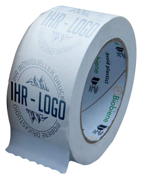 1-farbig bedrucktes Papierklebeband 50mm x 50m Weiß mit Logo positiv
